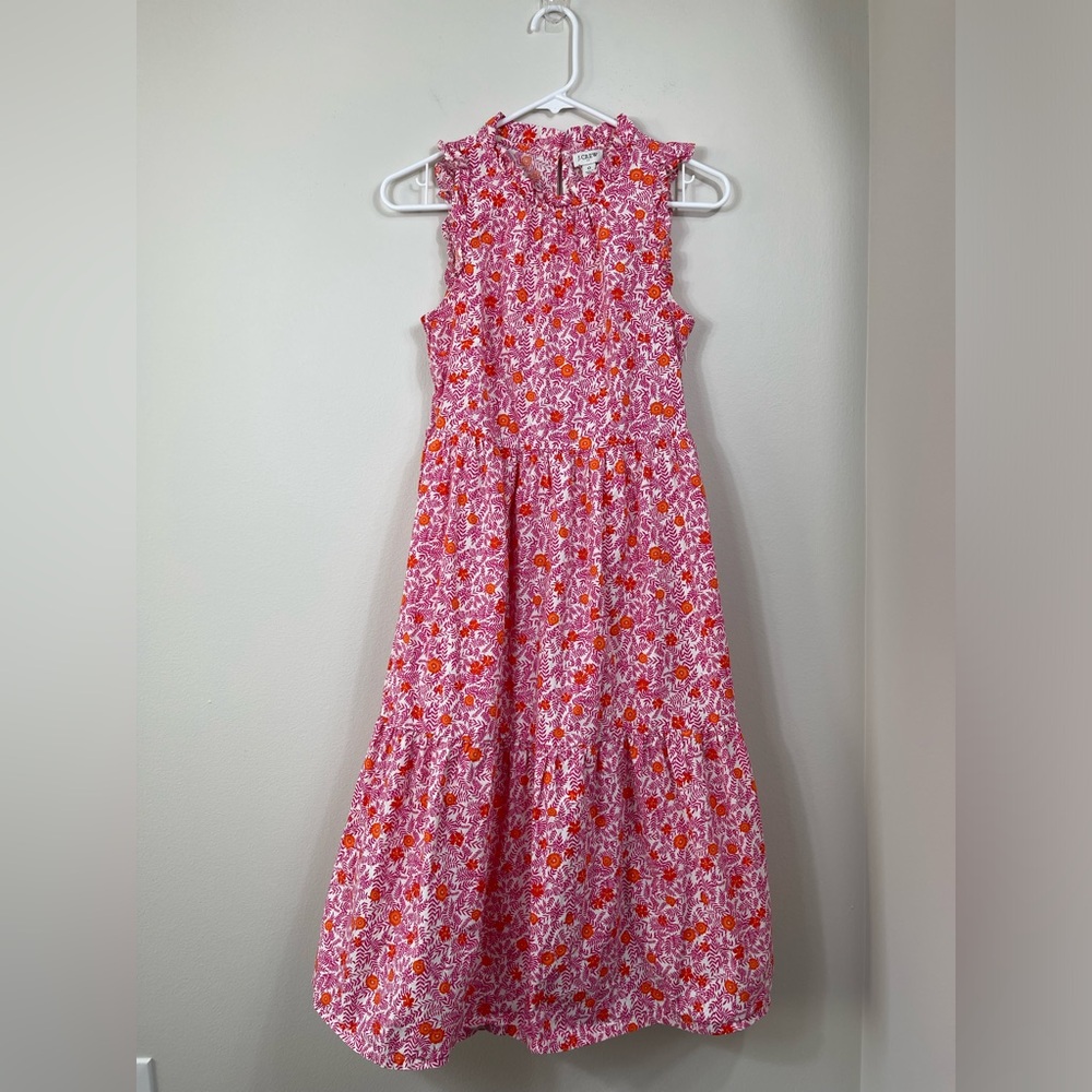 JCrew Floral Print Tiered Ruffle Sleeveless Pink Orange Cotton Dress Sz 0 - Picture 1 of 15